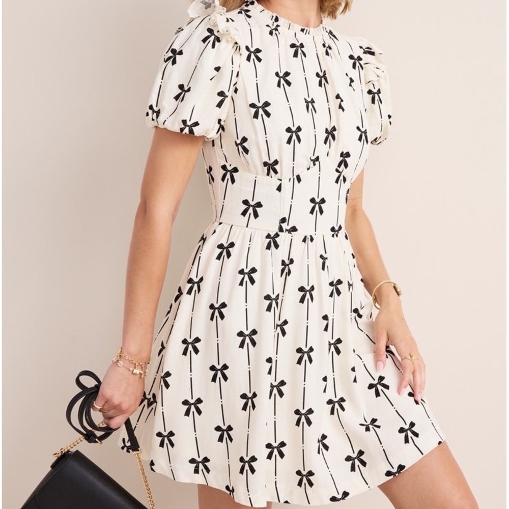 Francesca's Lora Bow Stripe Mini Dress Ruffle Puff Sleeve Pockets Small